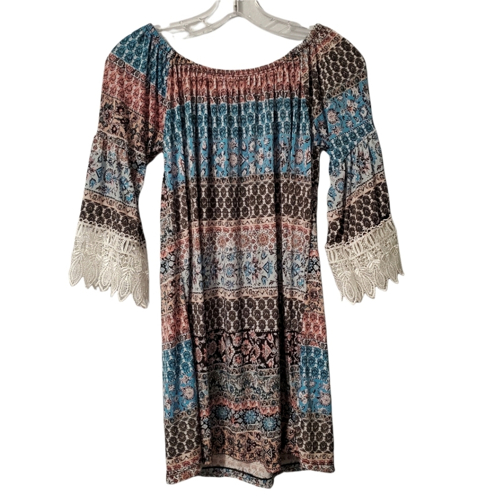 West Loop Lace Sleeve Tunic Top Floral Stripe Size Medium